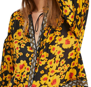 Free People Women's Floral Bell Sleeve Mock Hi Lo Top Yellow Size X-Small