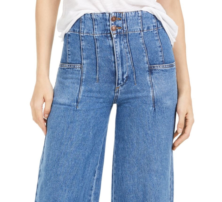 Free People Women's Midnight City Denim High Waist Wide Leg Jeans Blue Size 29