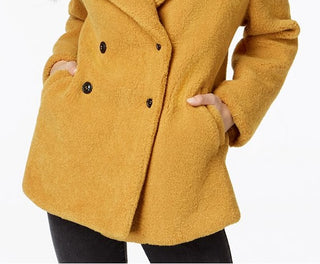 Collection B Juniors' Double-Breasted Faux-Fur Teddy Coat Yellow Size XL