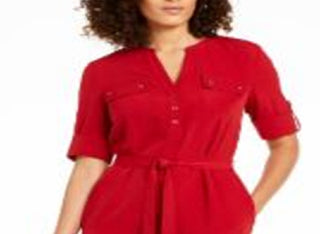 Anne Klein Women's Split Neck Belted Shirtdress Red Size XXL
