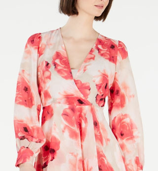 Calvin Klein Women's Long Sleeve Above the Knee Faux Wrap Dress Red Size 10