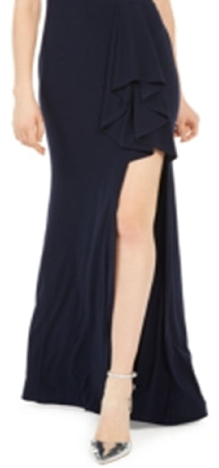 Blondie Women's Slitted Solid Asymmetrical Neckline Full Length Sheath Formal Dress Blue Size 1