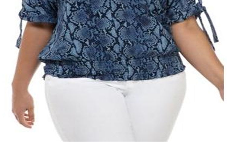 Michael Kors Women's Plus Snake Print Tie Sleeve Top Blue Size 2X