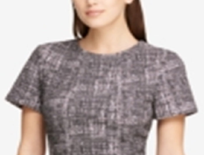 DKNY Women's Printed Short Sleeve Jewel Neck Above the Knee Fit Flare Dress Gray Size 16