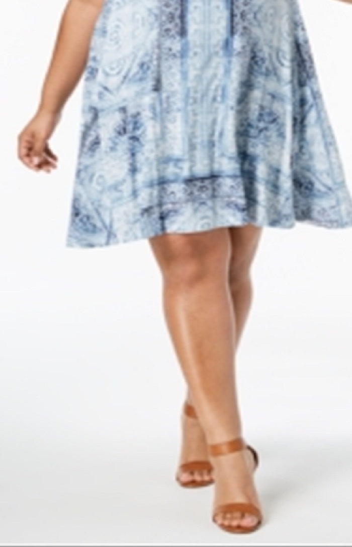 Style & Co Women's Plus Printed Swing a Line Dress Blue Size 0X