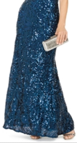 Nightway Women's Sequined Solid Spaghetti Strap V Neck Full Length Sheath Evening Dress Blue Size 8