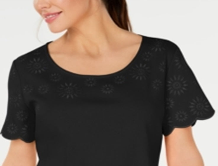 Karen Scott Women's Embroidered Cotton T-Shirt Black Size M