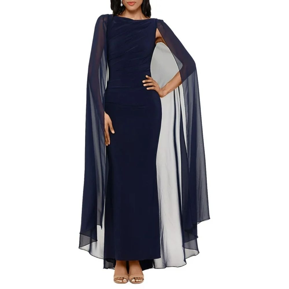 Betsy & Adam Women's Chiffon Cape Gown Dress Blue Size  6