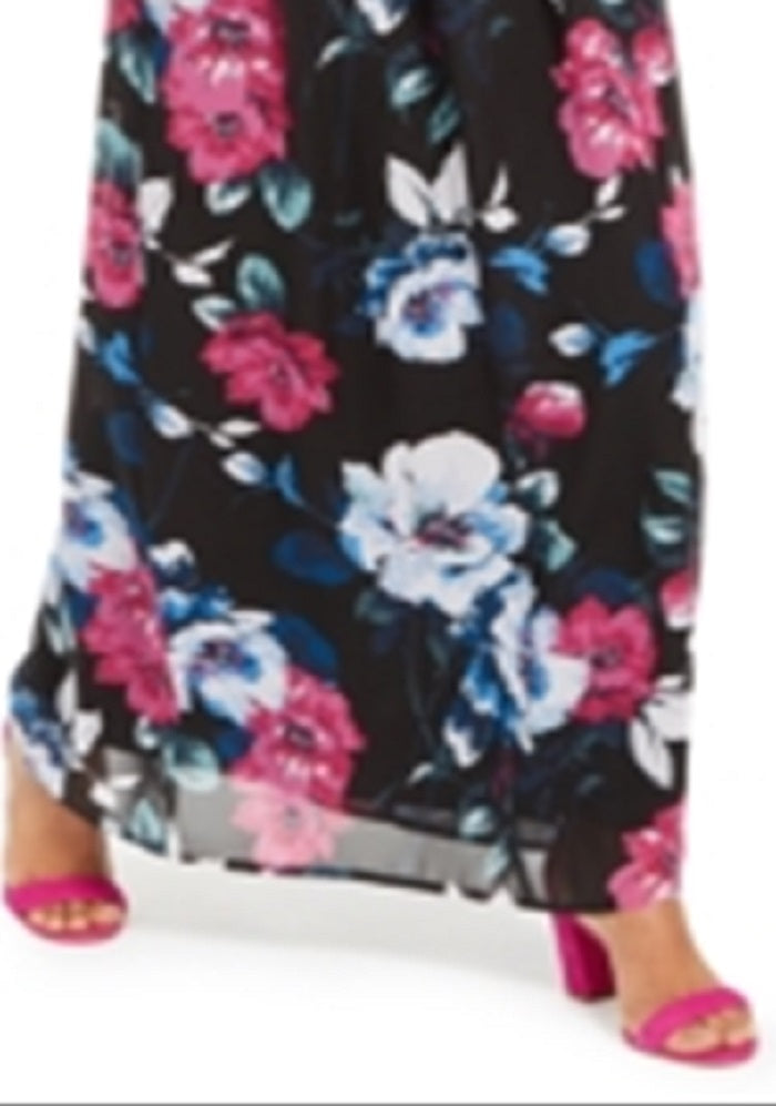 INC International Concepts Women's Maxi Halter Floral Print Chiffon Dress Black Size 6