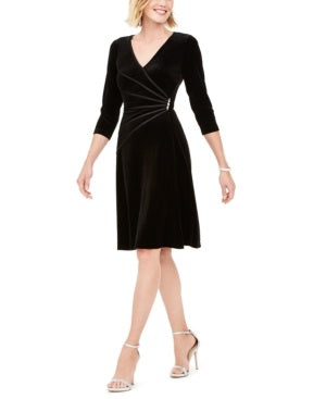 Connected Apparel Women's Long Sleeve V Neck Knee Length Sheath Evening Dress Black Size 10 Petite