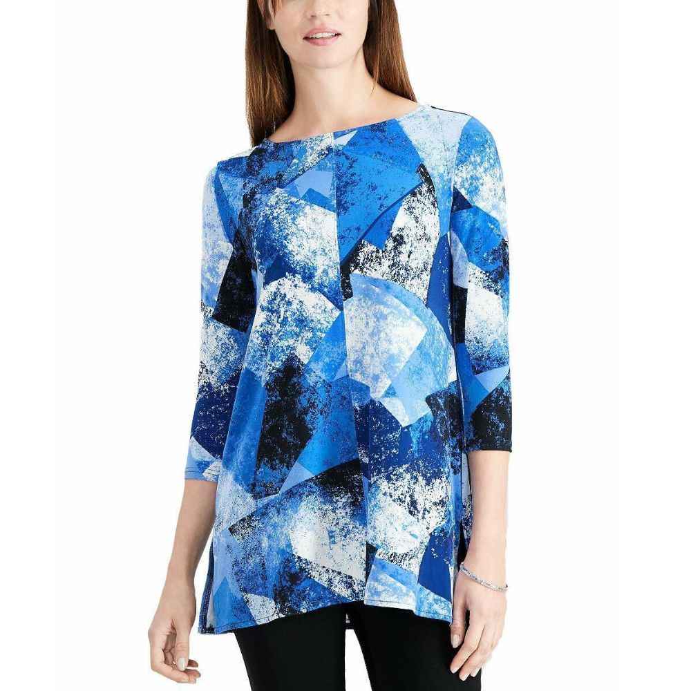 Alfani Women's Printed Boat Neck Tunic Blue Size Small