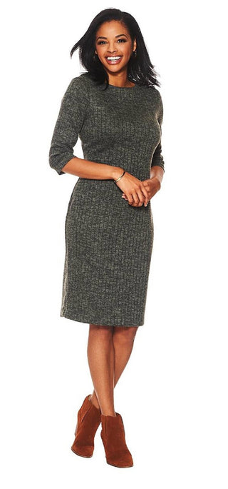 Connected Women's Zippered 3/4 Sleeve Jewel Neck Knee Length Sheath Dress Gray Size 4 Petite