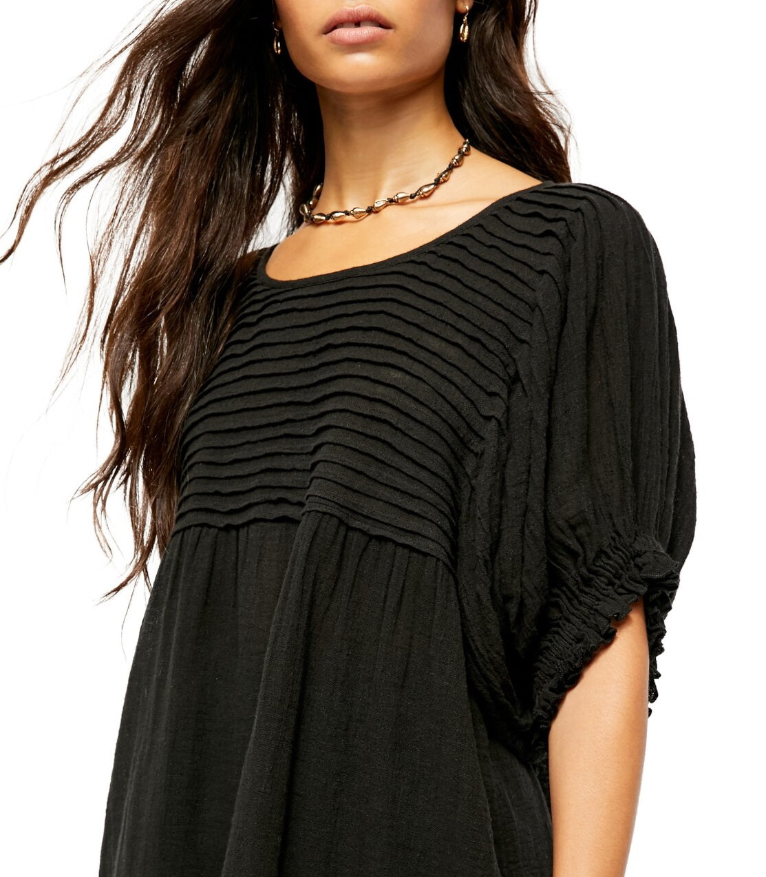 Free People Women's Pleated Pouf Jewel Neck Top Black Size Medium