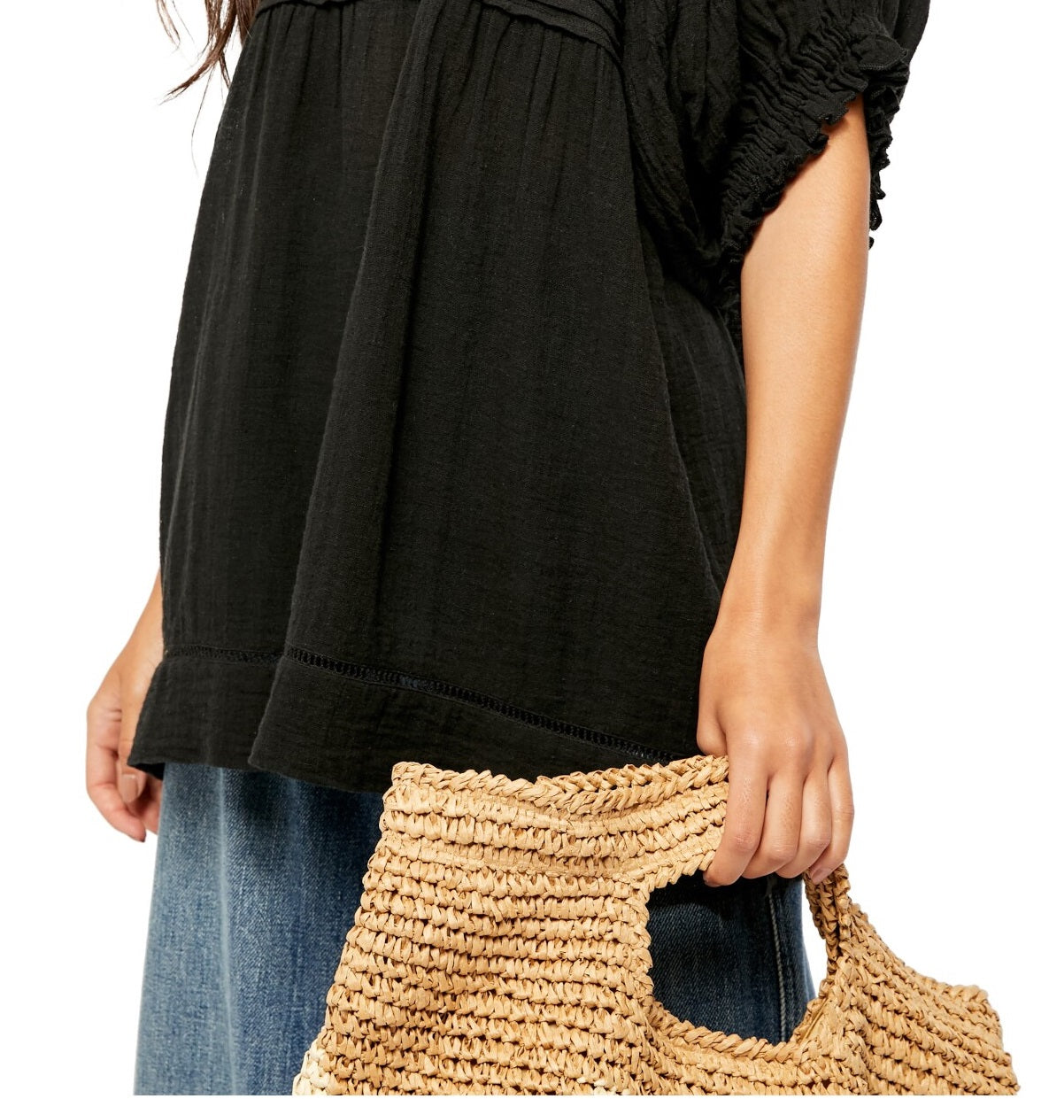 Free People Women's Pleated Pouf Jewel Neck Top Black Size Medium