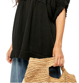 Free People Women's Pleated Pouf Jewel Neck Top Black Size Medium