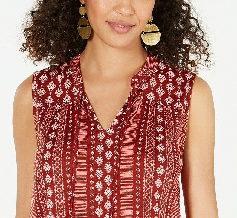 Style & Co Women's Printed Lace Trim Tunic Red Size Small