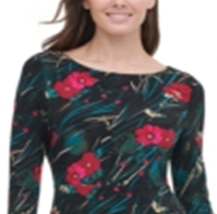 Tommy Hilfiger Women's Floral Long Sleeve Boat Neck MIDI Sheath Dress Black Size 12