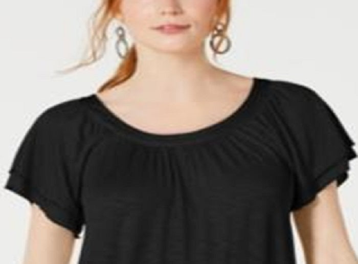 Style & Co Women's Tiered Flutter Sleeve Top Black Size Medium