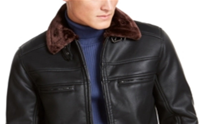 INC International Concepts Men's Faux Fur Lined Zip up Faux Leather Jacket Black Size XX-Large