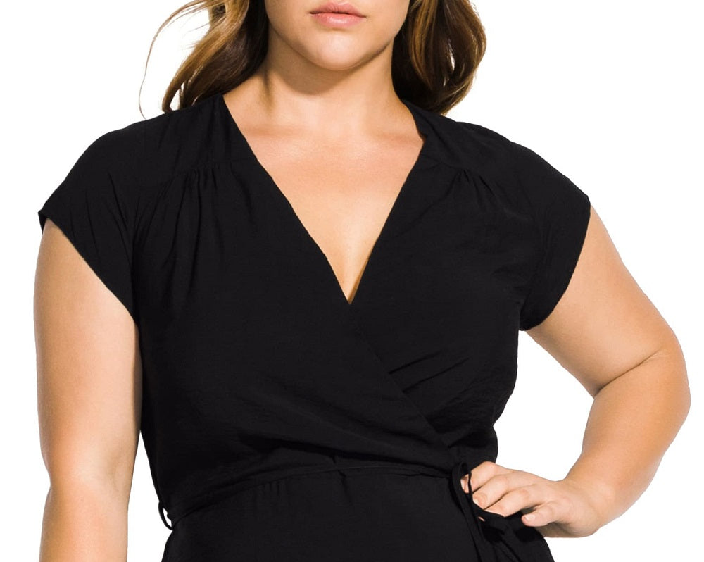 City Chic Women's Ruffled Satin Faux Wrap Dress Black Size X-Small