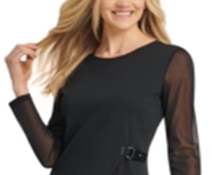 DKNY Women's Asymmetrical-Hem Sheer Sleeve Dress Black Size Large