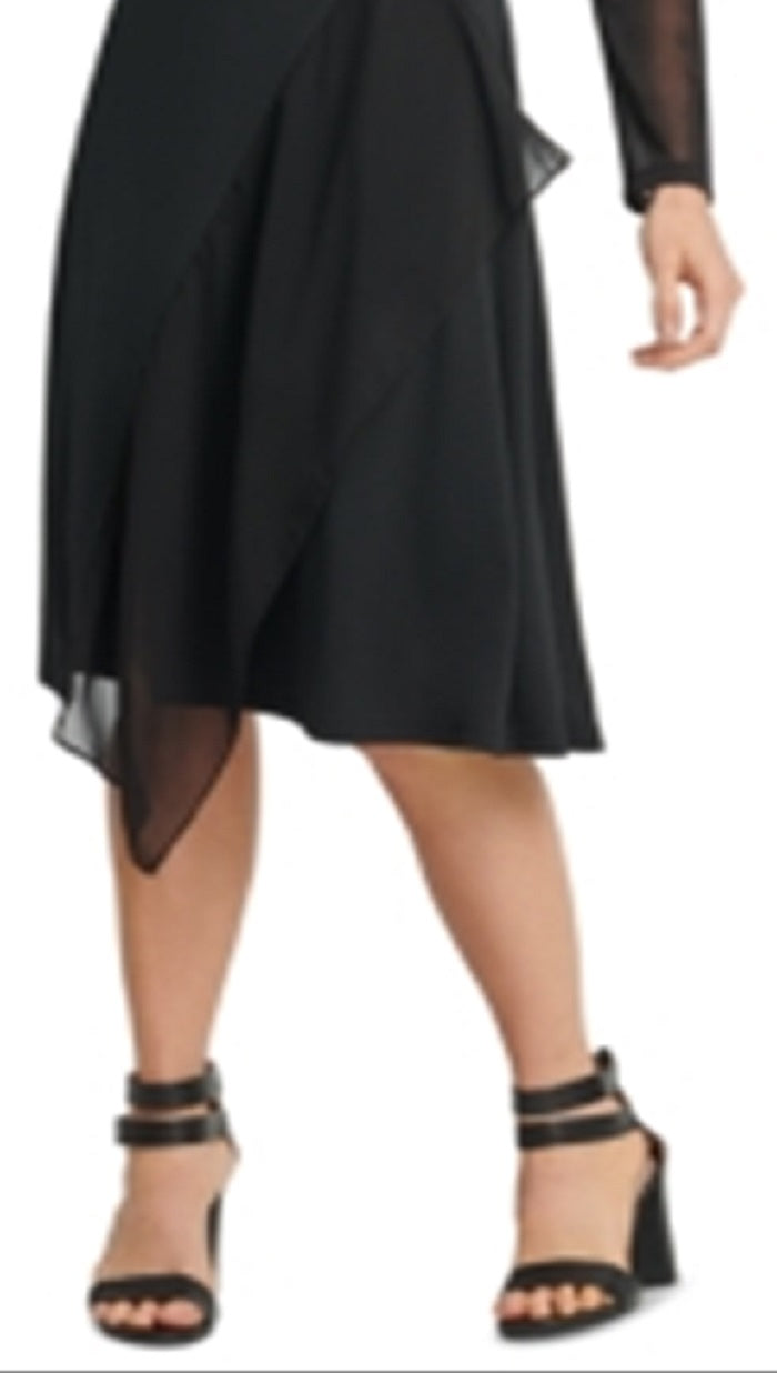 DKNY Women's Asymmetrical-Hem Sheer Sleeve Dress Black Size Large