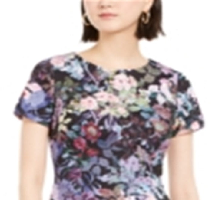 Adrianna Papell Women's Zippered Floral Short Sleeve Jewel Neck Above the Knee Sheath Party Dress Black Size 12