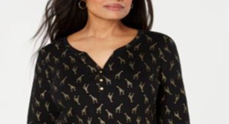 Karen Scott Women's Giraffe Print Henley Top Black Size Large