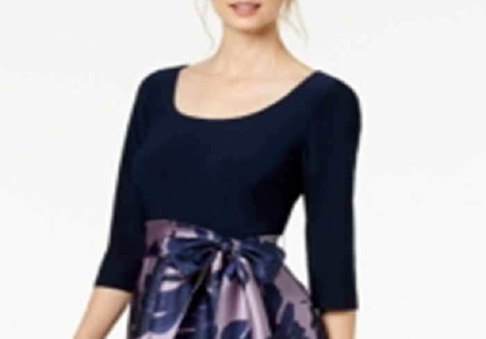 R & M Richards Women's Floral Scoop Neck Below the Knee Party Hi Lo Dress Blue Size 14