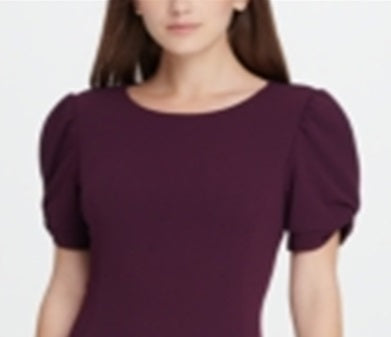 DKNY Women's Short Sleeve Jewel Neck Above the Knee Fit Flare Wear to Work Dress Purple Size 4