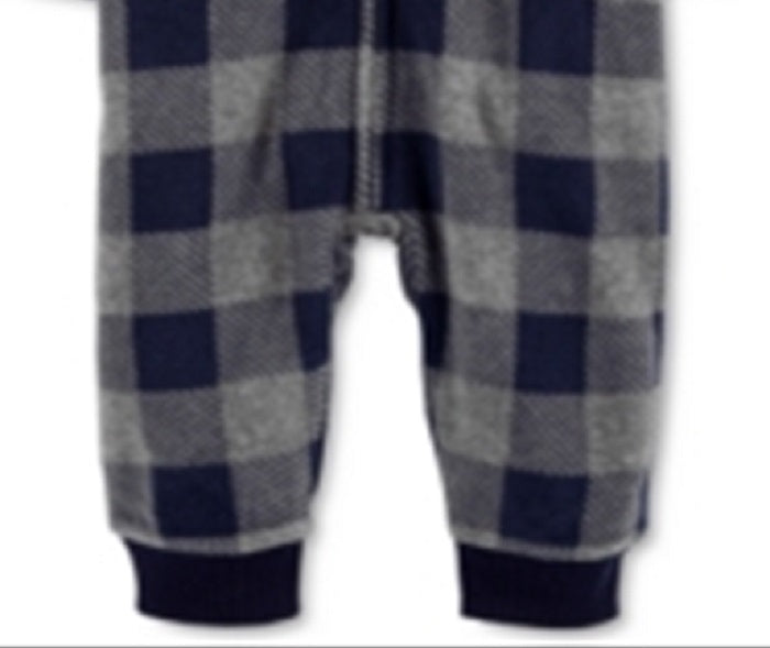 Carter's Boy's Plaid Buffalo Check Polar Bear Ears Hooded Fleece Playsuit Gray Size 3MOS