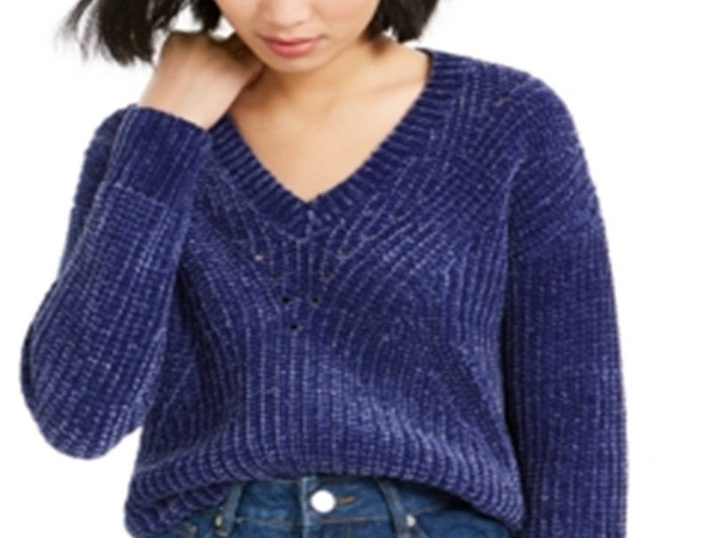 Bar III Women's Eyelet V Neck Crop Sweater Purple Size X-Small