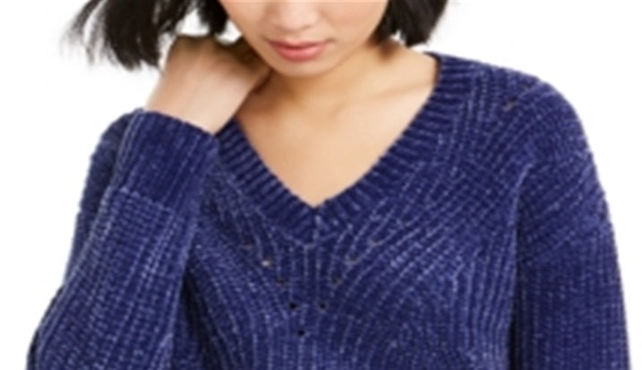 Bar III Women's Eyelet V Neck Crop Sweater Purple Size X-Large