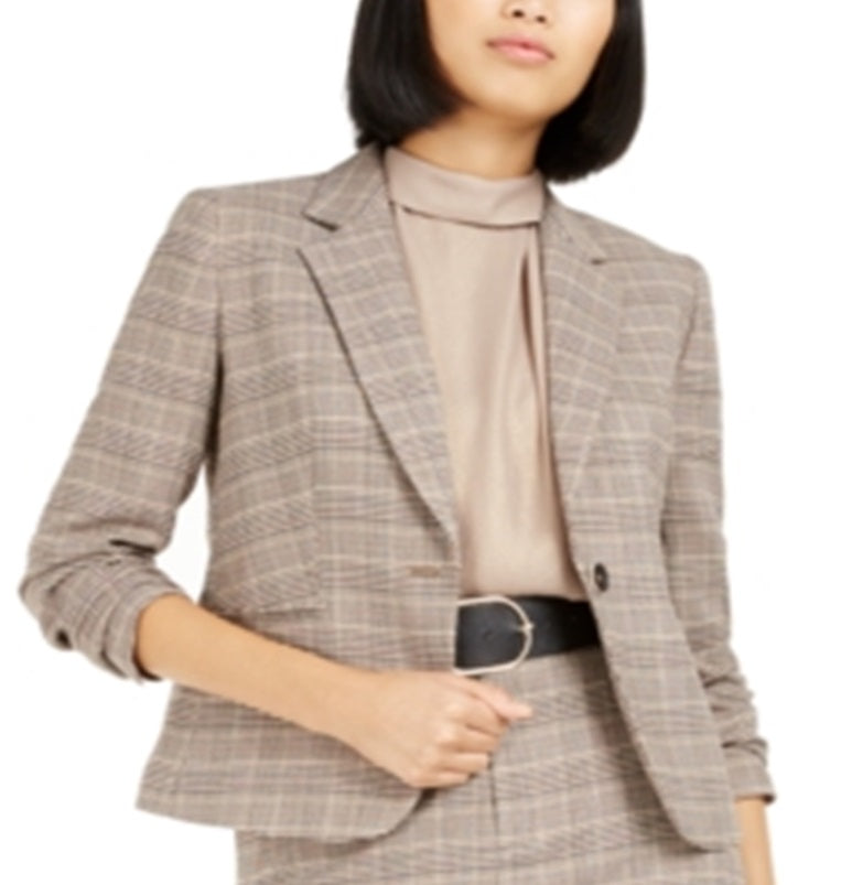 Bar III Women's One Button Plaid Blazer Brown Size 2