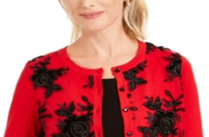 Charter Club Women's Sequined Button Sweater Red Size Small