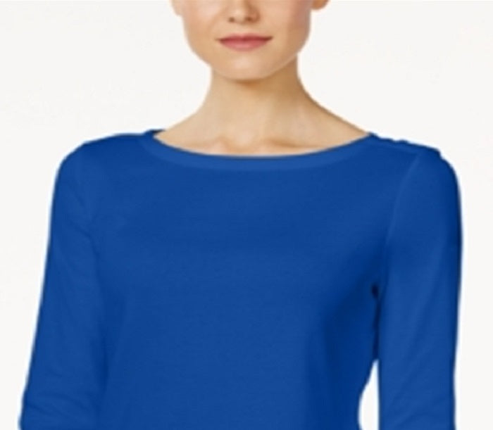 Charter Club Women's Pima Cotton Boat Neck Button Shoulder Top Blue Size 2XL