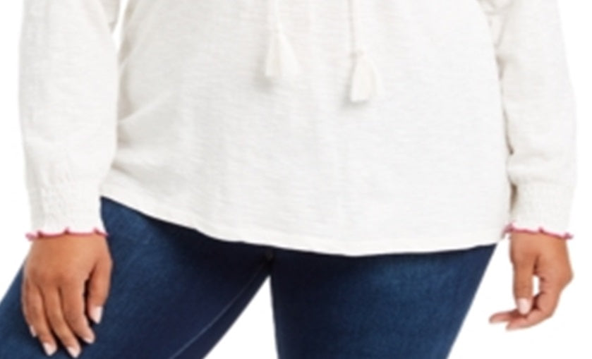 Style & Co Women's Plus Embroidered Cotton Tie Neck Top Fresh White Size 0X