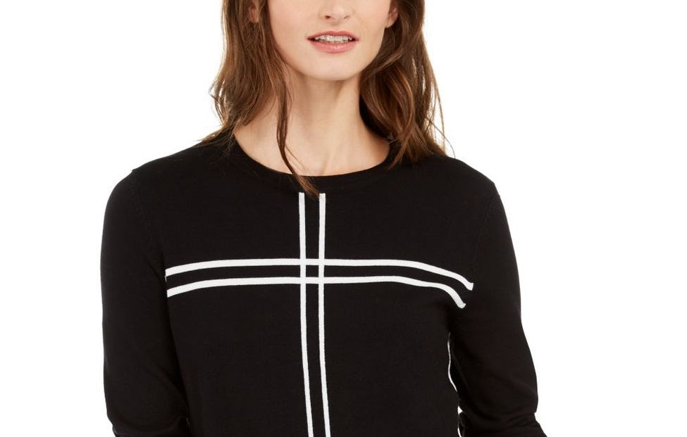 Alfani Women's Grid pattern Long Sleeve Crew Neck Sweater Black Size Small