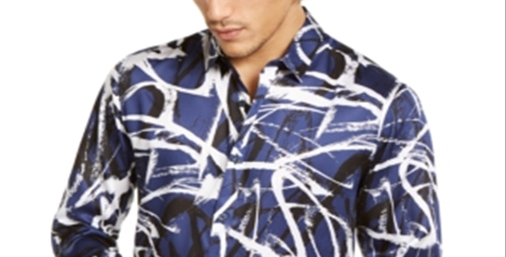 INC International Concepts Men's Satin Printed Button Down Shirt Blue Size 2XB
