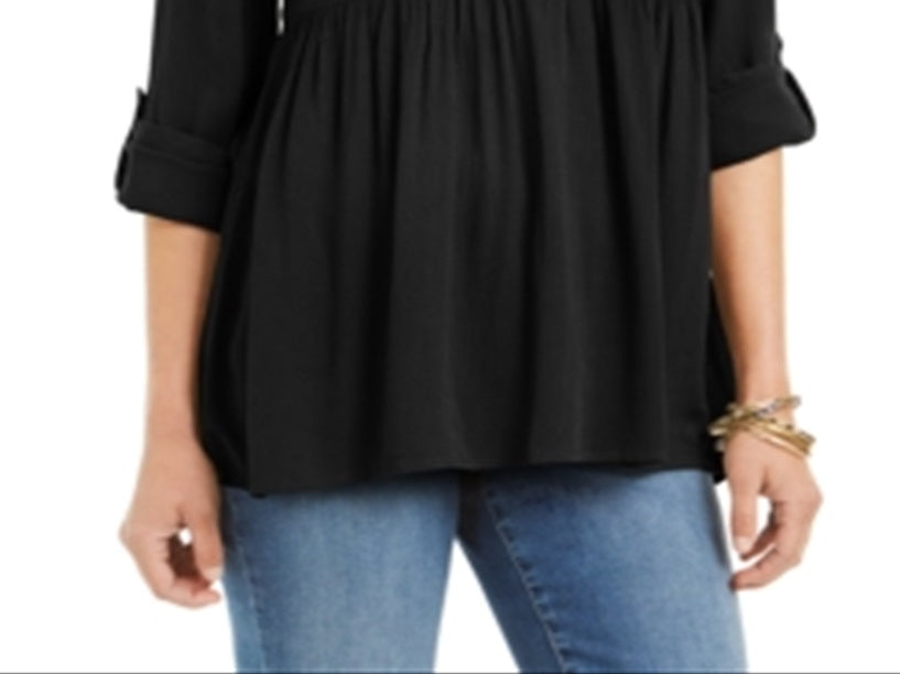 Style & Co Women's Roll Sleeve Oversized Shirt Black Size XL