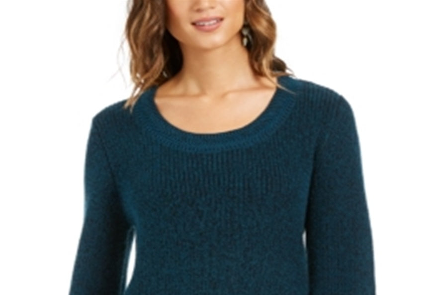 Style & Co Women's Textu Knitted Printed Long Sleeve Scoop Neck T-Shirt Sweater Green Size Petite S