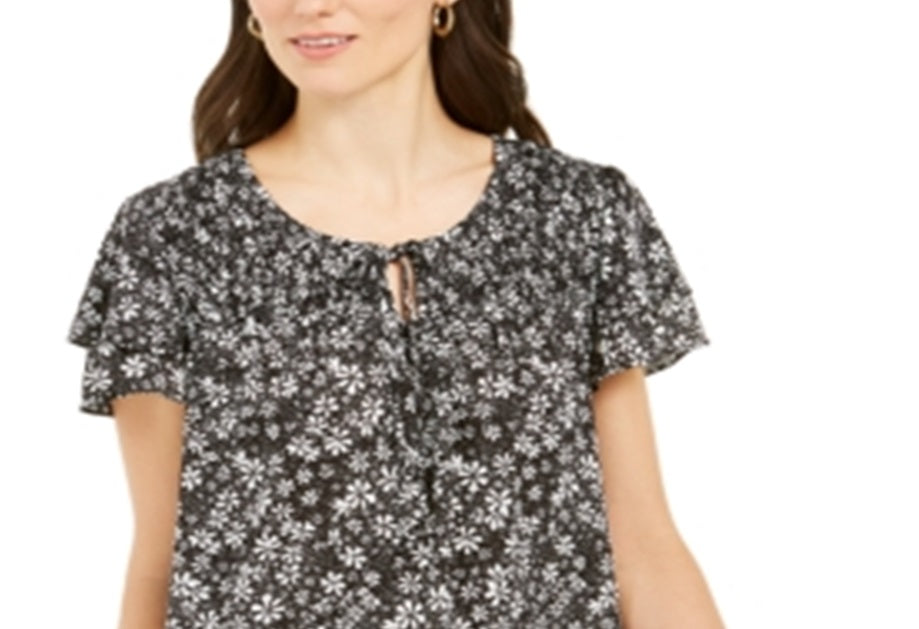 Style & Co Women's Smocked Split Neck Top Clothing Black Size M