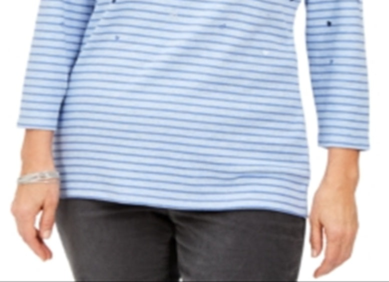 Karen Scott Women's Falling Hearts Embellished Striped Top Blue Size Small