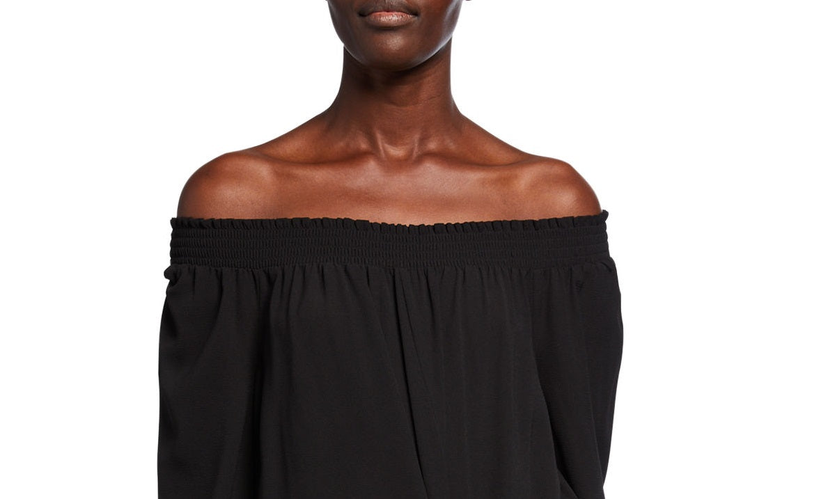 Michael Kors Women's Tie Front Smocked Off the Shoulder Top Black Size Medium