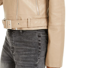 Collection B Junior's Faux Leather Belted Moto Jacket Tan Size Small