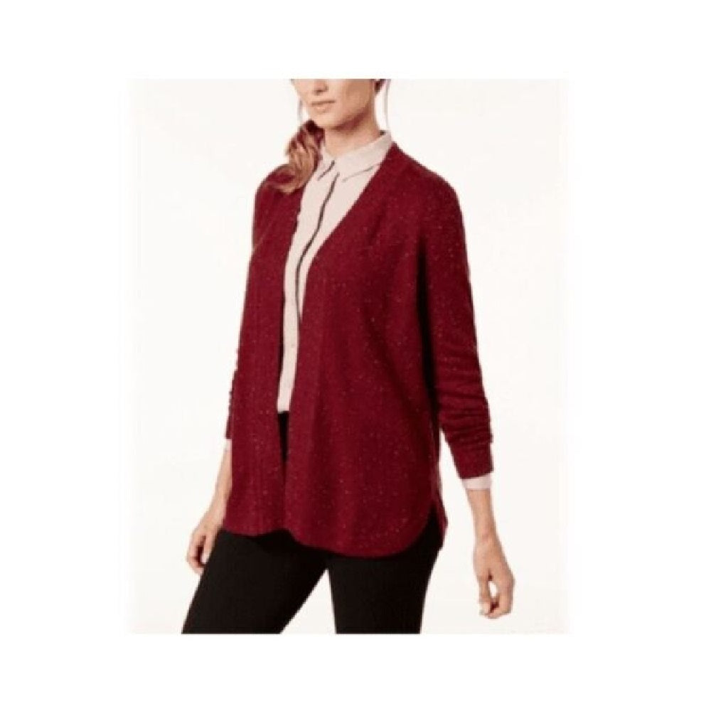 Karen Scott Women's Open-Front Contrast-Trim Cardigan  - Merlot Combo Red Size Medium