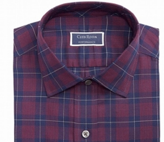 Club Room Men's Classic Regular Fit Stretch Twill Houndstooth Plaid Dress Shirt Red Size 15X32X33