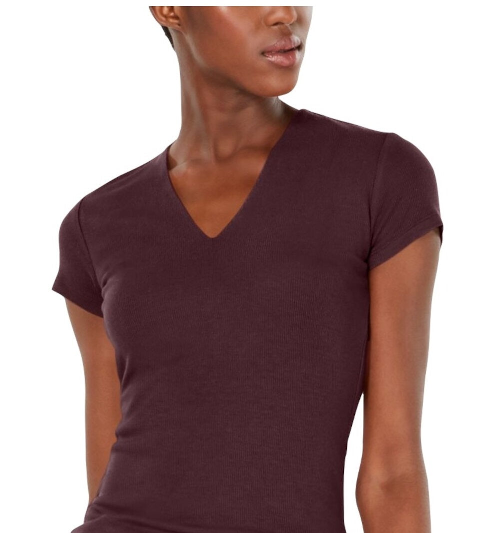 INC Women's  Short Sleeve V Neck T-Shirt Top  Burgundy Size Small