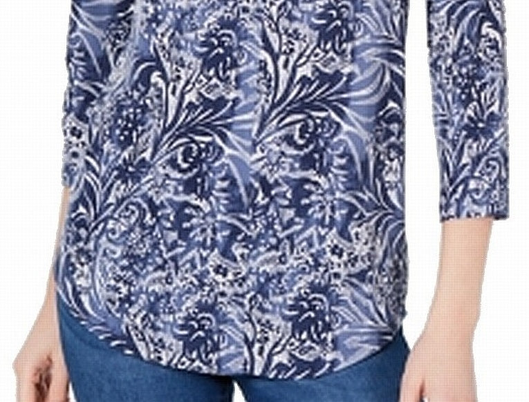 Charter Club Women's Blouse V Neck 3/4 Sleeve Blue Size Small