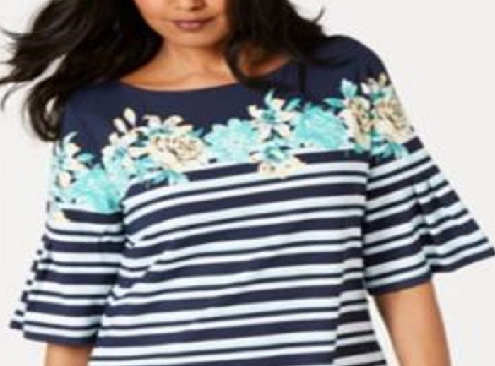 Charter Club Women's Tropical Stripe Bell-Sleeve Top  Blue Size XS